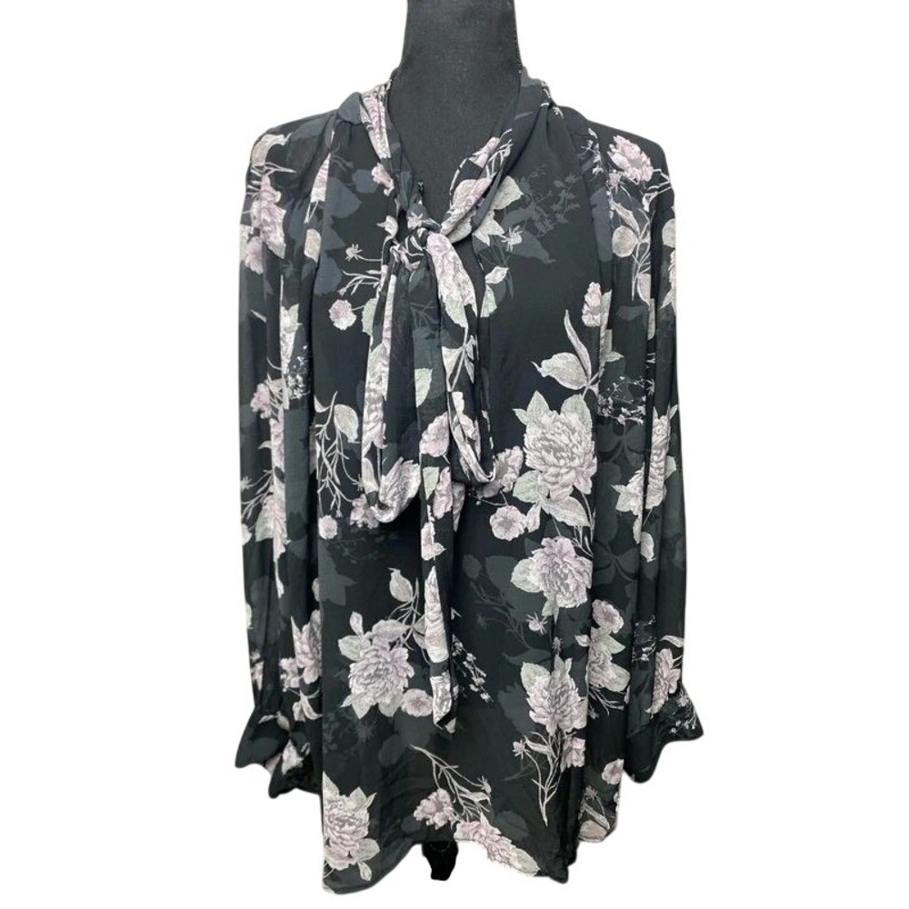 Torrid Georgette Bow Tie Blouse Black Floral Roses Long Sleeve Plus Size 3 3X